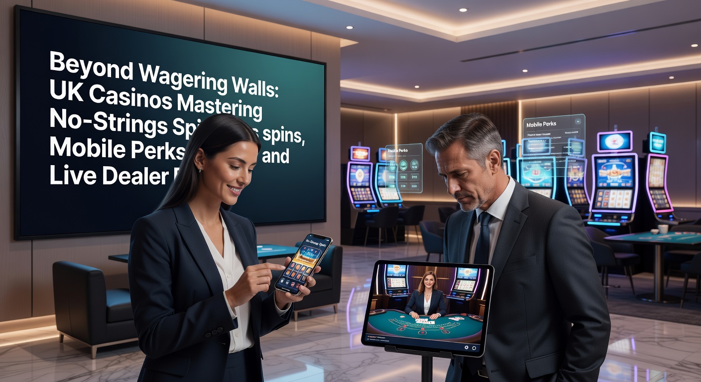 Vibrant UK casino scene showing players on mobiles accessing no-wagering spins and live dealer tables under modern lighting