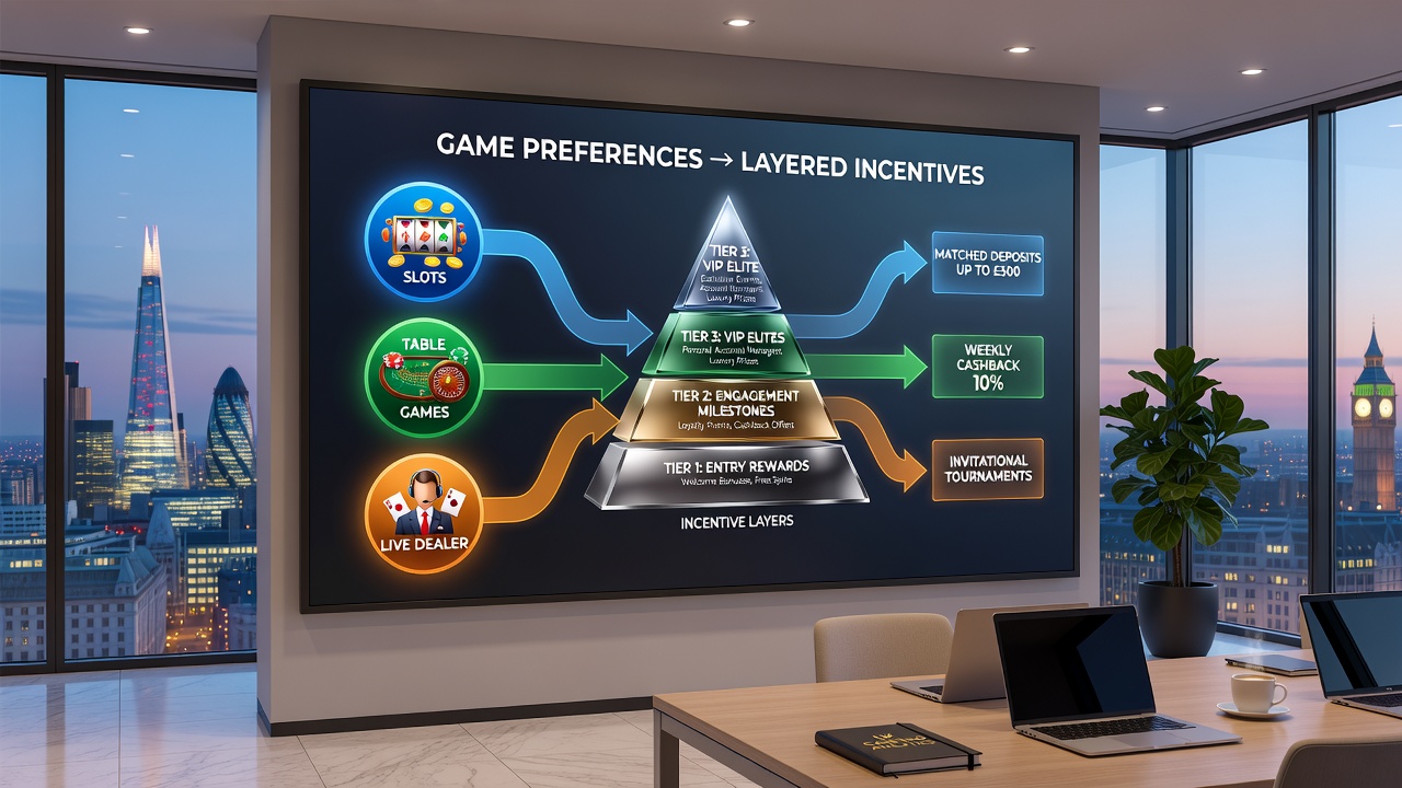 Infographic showing layered incentive structures linked to different game preferences in UK casinos
