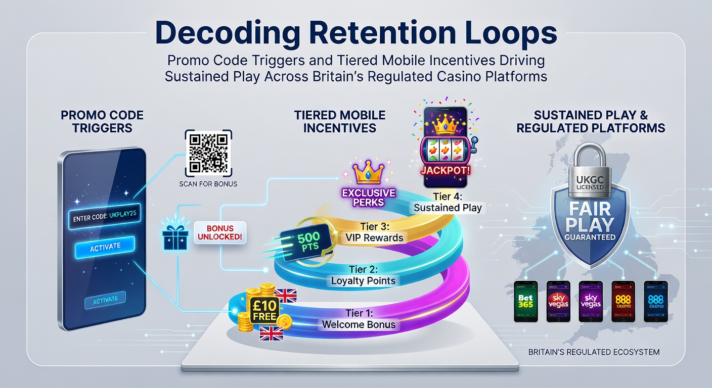 Mobile casino interface displaying tiered loyalty rewards and active promo code entry on a regulated UK platform