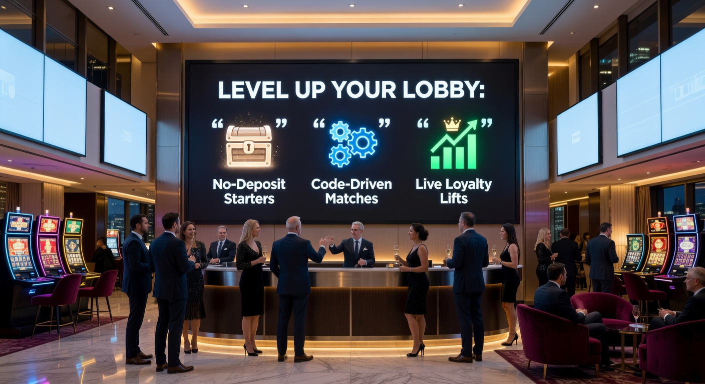 Vibrant casino lobby with digital screens displaying no-deposit bonus offers and loyalty tier promotions in a modern UK gaming venue