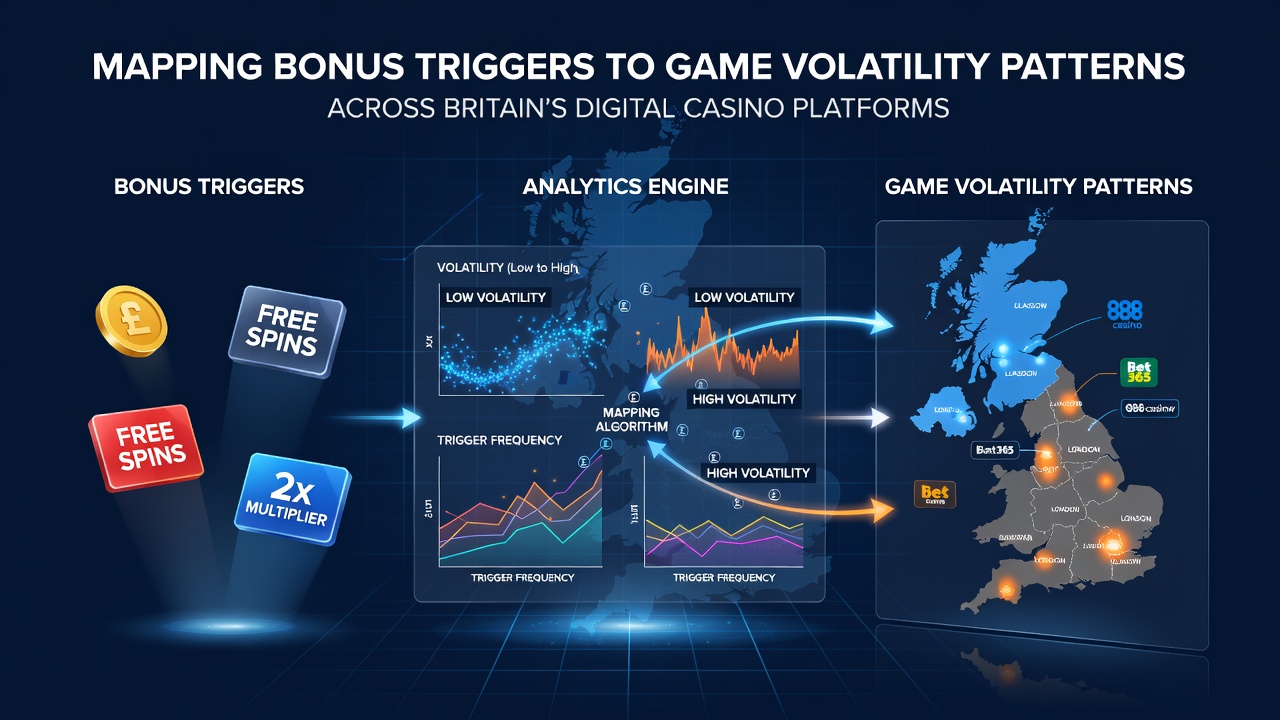 Visualization of bonus trigger points overlaid on volatility graphs for various slot games across UK digital platforms