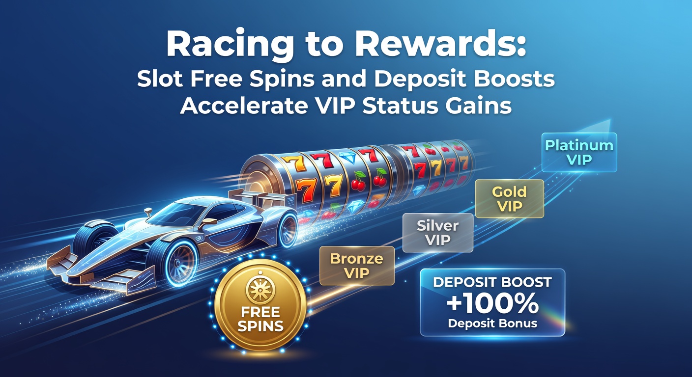 Vibrant slot machine reels spinning with glowing VIP badges and reward icons overlayed, symbolizing rapid progression through casino loyalty tiers