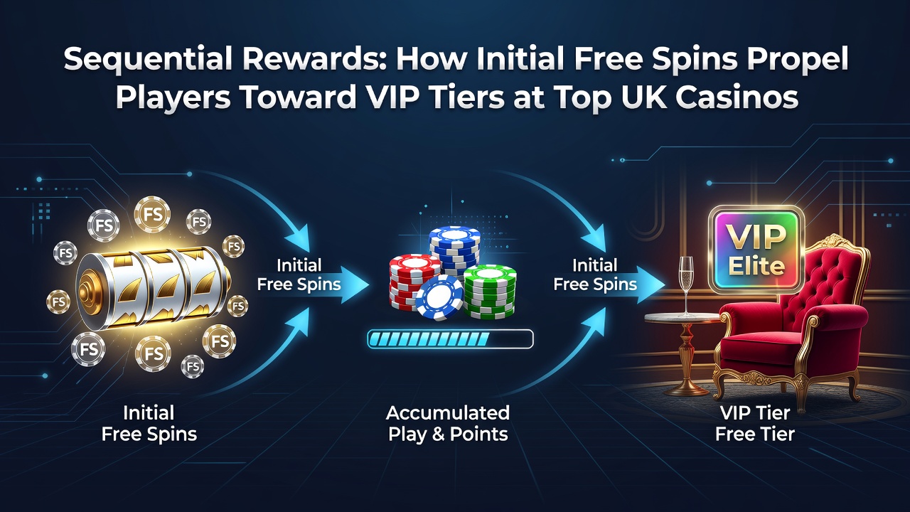 Diagram of tier progression from free spins to VIP status in British casino loyalty schemes