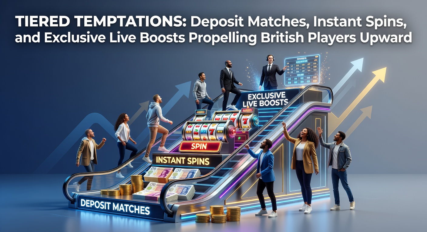 Vibrant illustration of a golden ladder ascending through casino tiers, with icons of coins, spinning reels, and live dealer tables boosting players upward against a Union Jack backdrop