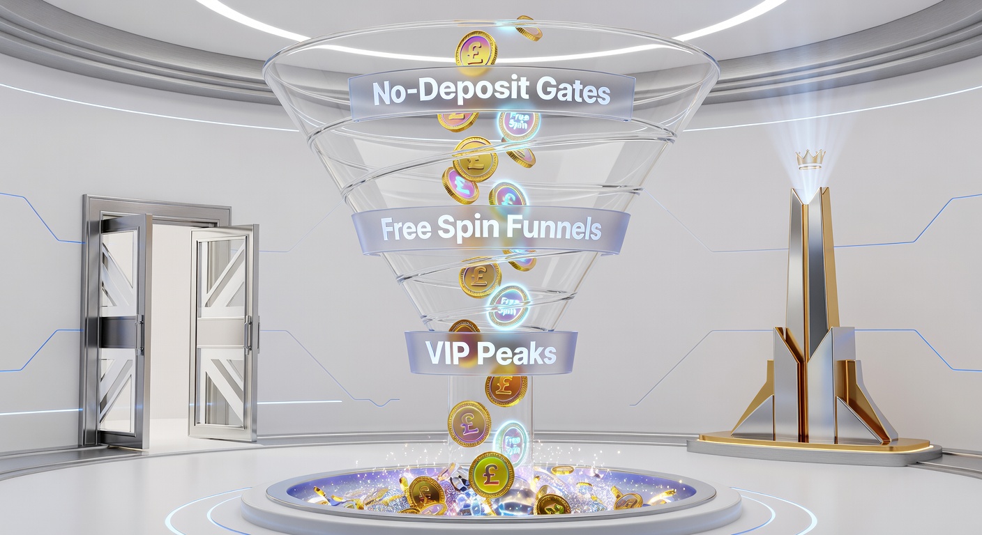 Illustration of a multi-tiered loyalty ladder in a vibrant casino setting, showing players climbing from no-deposit free spins at the base to exclusive VIP rewards at the peak
